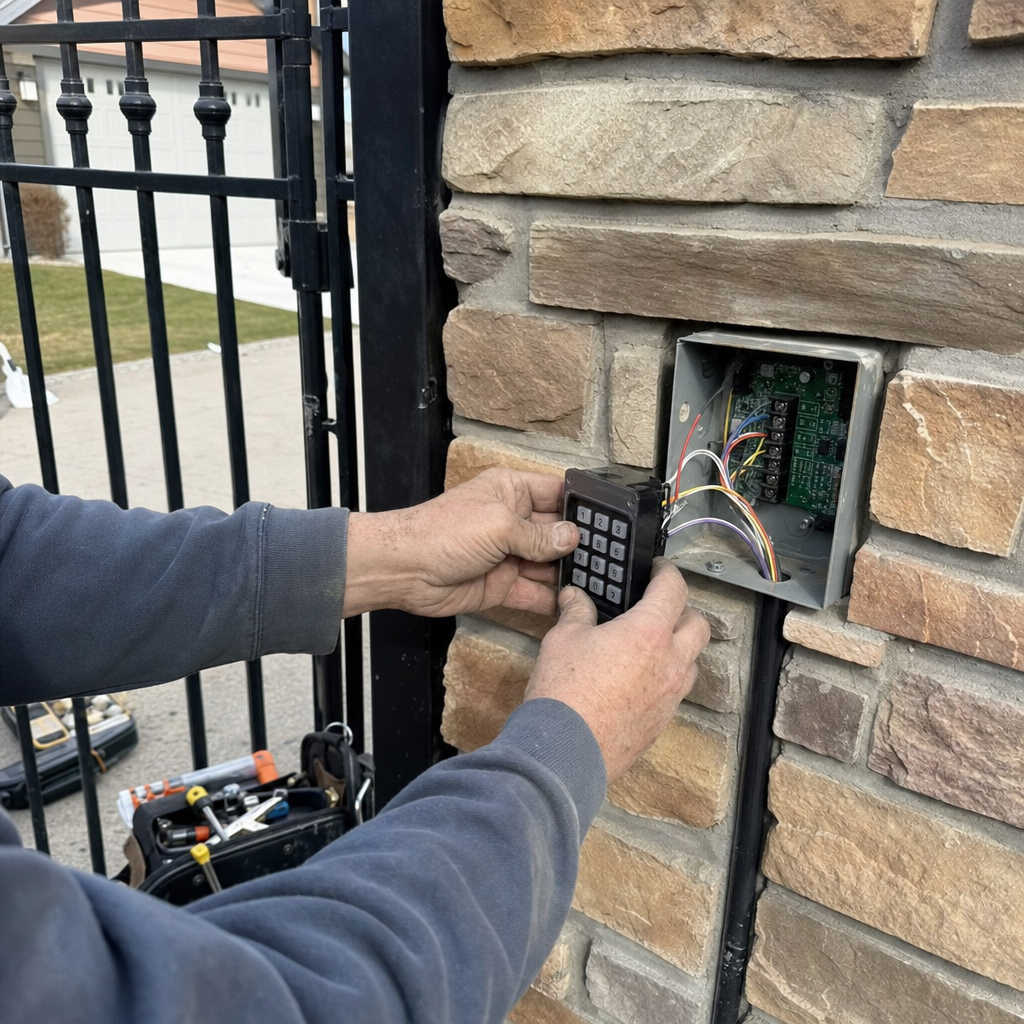 Technician installing an electronic gate access control keypad on stone pillar