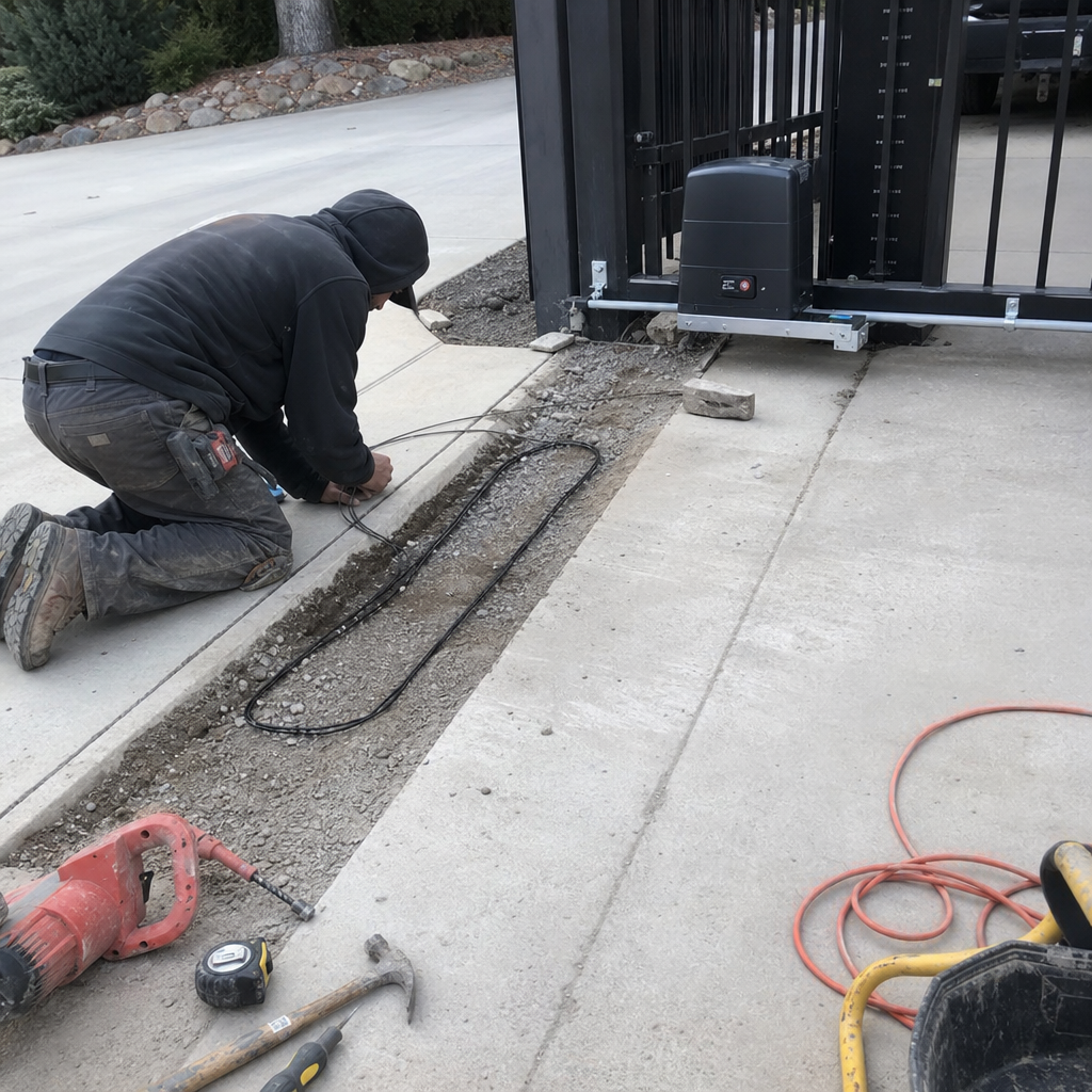 Technician installing underground gate vehicle loop sensor for access control