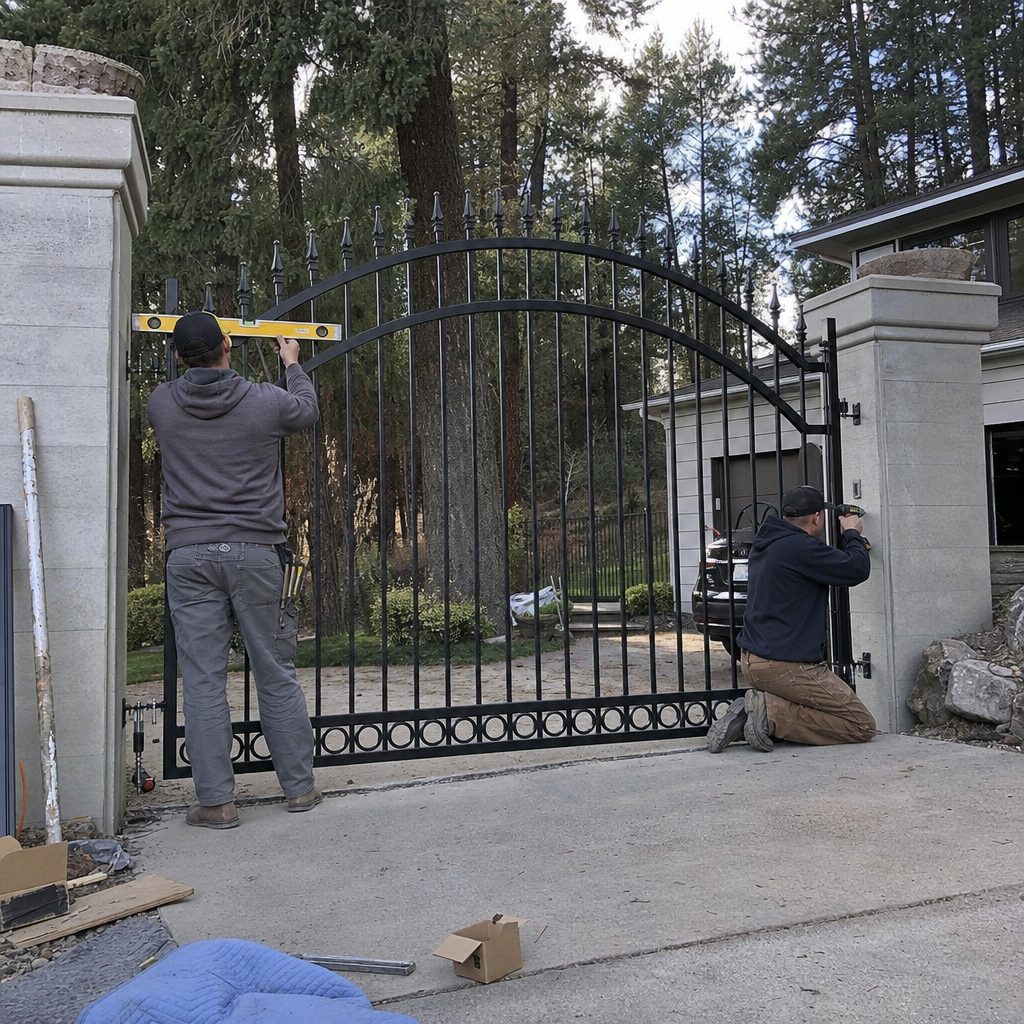 Two professional technicians installing a black ornamental wrought iron gate