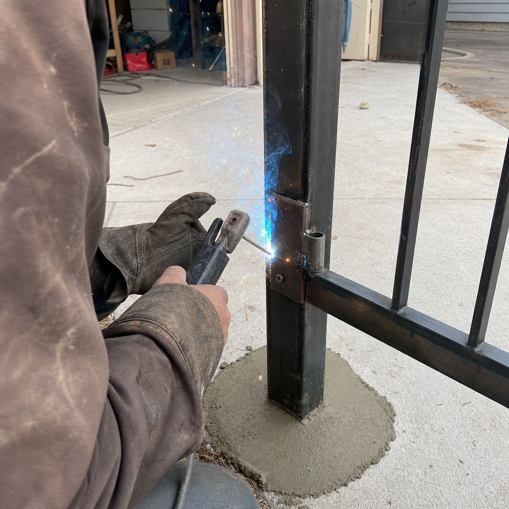 Welder installing a metal gate hinge onto a steel post