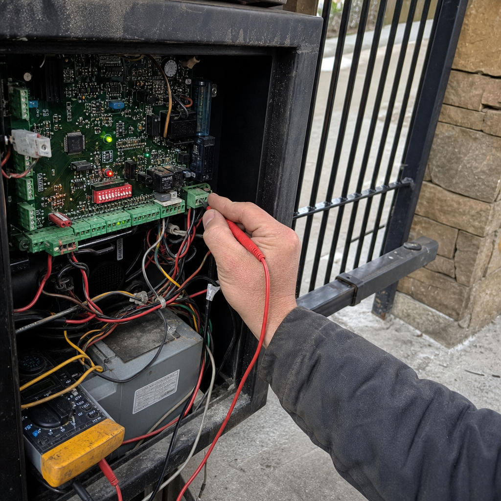 Technician troubleshooting gate motor electrical board with a multimeter