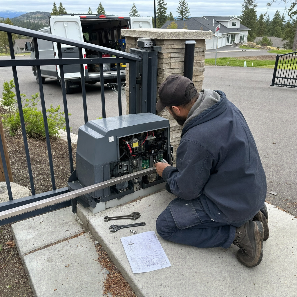 Technician performing professional gate motor and operator repair service