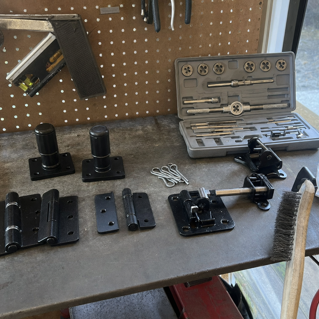 Assorted black gate hardware and welding components laid out on a workbench