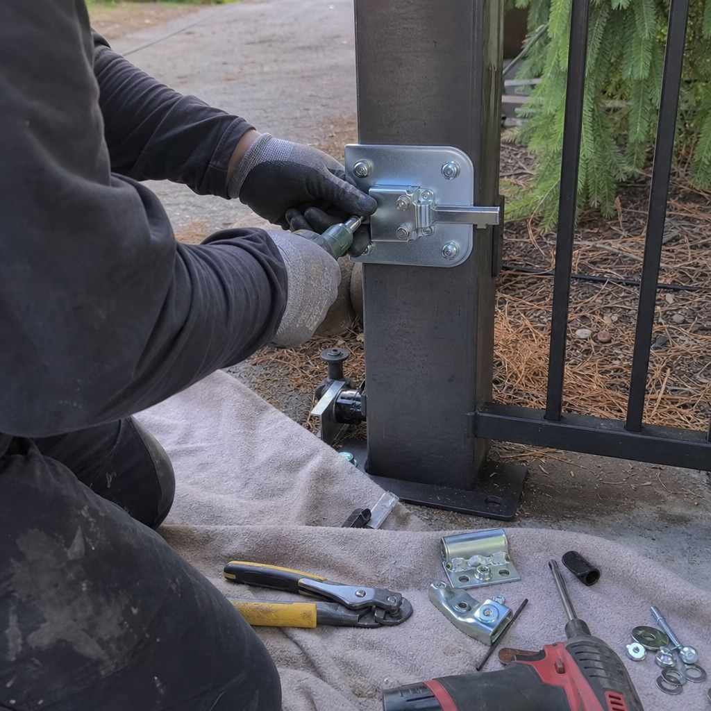Professional gate technician installing a new metal gate latch assembly