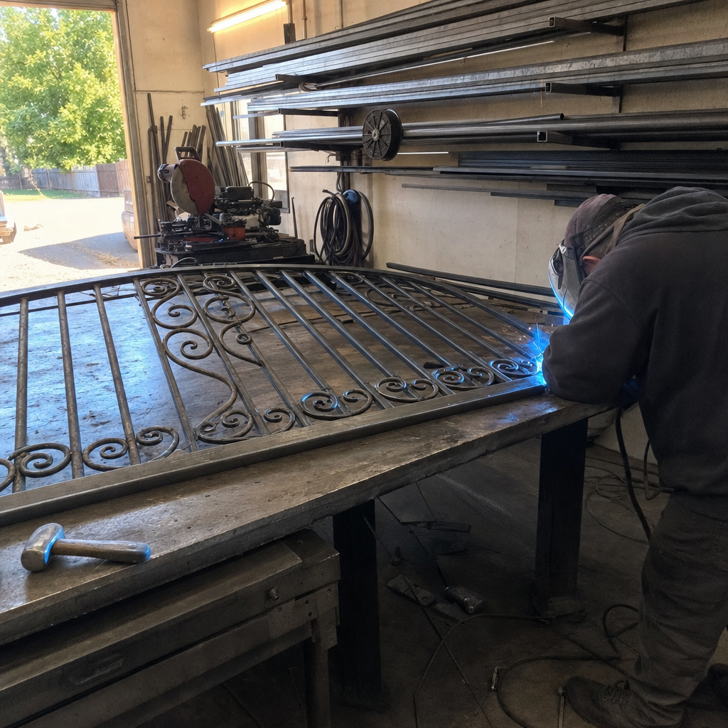 Professional welding metal gate parts in a fabrication workshop in Spokane, WA